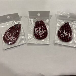 Buffalo Plaid Peace, Joy and Believe Faux Leather Earrings